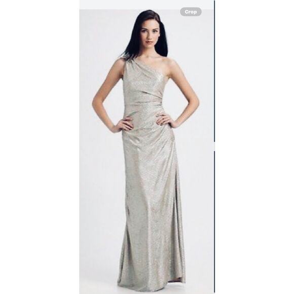 DRESS EVENING PROM HAILEY BY ADRIANNA PAPELL SILVER SHIMMER ONE SHOULDER SIZE 2 - Picture 1 of 14